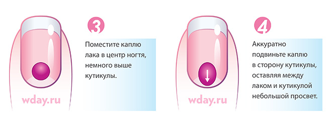 Нанесите каплю по центру ногтя, пододвиньте к кутикуле маникюр дома