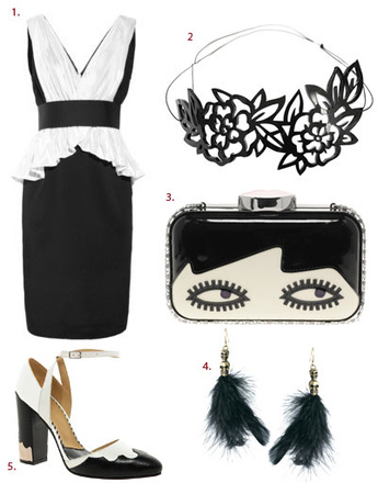 1. Платье Notte by Marchesa; 2. ободок Stern; 3. Клатч Lulu Guinness; 4. серьги Pieces; 5. туфли Toga Pulla
