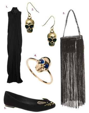 1. Платье Rick Owens; 2. серьги Pieces; 3. сумка Topshop; 4. кольцо Zoe & Morgan; 5. туфли Asos