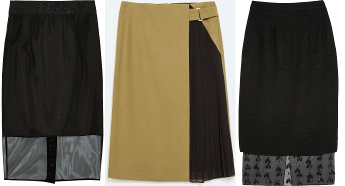 Выбор ELLE: юбка с шифоновым подолом Milly, юбка-гибрид Zara, вечерняя юбка со стразами Mother of Pearl