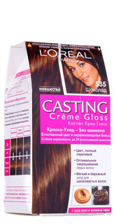 Крем-краска Casting Creme Gloss от L'Oreal Paris, оттенок «Шоколад». Специальная формула усиливает яркость цвета и придает сияние волосам, не навредив их здоровью – краска не содержит аммиака и сохраняет цвет 4 недели. Крем-краска Casting Creme Gloss от L'Oreal Paris, оттенок «Шоколад». Специальная формула усиливает яркость цвета и придает сияние волосам, не навредив их здоровью – краска не содержит аммиака и сохраняет цвет 4 недели.