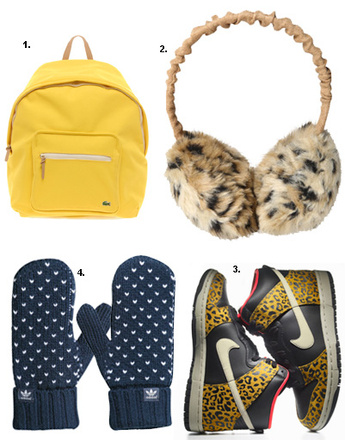 1. Рюкзак Lacoste; 2. наушники Kira Plastinina; 3. кроссовки Nike; 2. варежки adidas Sport Style