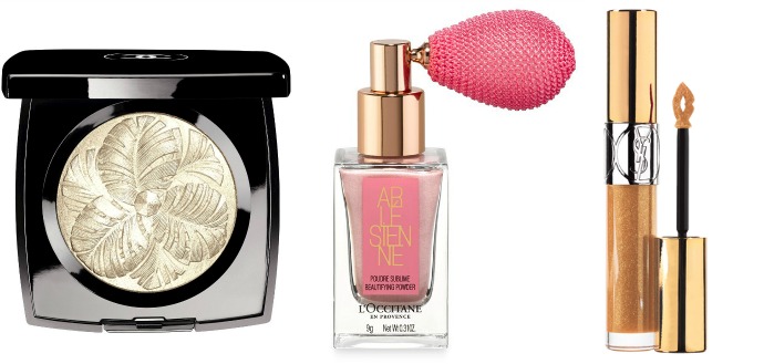 Хайлайтер Chanel Camelia de Plumes, блестки для тела L’Occitane Beautifying Powder Arlesienne, блеск для губ YSL Gloss Volupte, оттенок 01 Gold