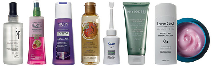 System Professional Сыворотка Balance Scalp; Garnier Спрей «Стойкий цвет»; Vichy Шампунь Neogenic; The Body Shop Масло Mango; Dove Сыворотка Hair Therapy «Контроль над потерей волос»; Phytodess Крем Gold-Shea Day Cream; Leonor Greyl Шампунь Sublime Mèches; L’Oréal Paris Маска Elsève «Фибрология».