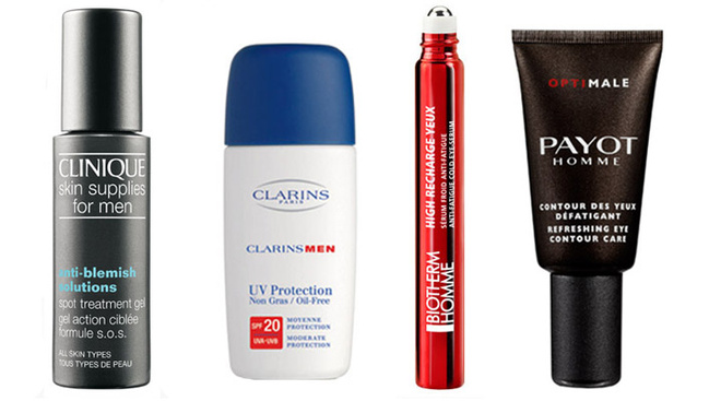 Гель для точечного лечения прыщей, Clinique Skin Supplies for Men Anti-Blemish Solutions Spot Treatment Gel. Легкий, прозрачный гель обеспечивает уникальный четырехсторонний подход к устранению прыщей: отшелушивание, контроль выработки жира, профилактика и снятие раздражения;
Легкая эмульсия для мужчин, защищающая от вредных воздействий окружающей среды UV Protection SPF 20 ClarinsMen. Средство легко наносится, обладает высокой устойчивостью и делает кожу мягкой и бархатистой;
Охлаждающая сыворотка вокруг глаз против усталости, темных кругов под глазами, High Recharge, Biotherm Homme. Мгновенно впитывается, не оставляя следов. Можно использовать в любое время дня для снятия усталости вокруг глаз, носогубных складок и для сокращения морщинкок на лбу;
Крем для контура глаз Refreshing Eye Сontour Care, Payot Homme. Непарфюмированный крем поможет справиться с морщинками вокруг глаз, а также с темными кругами, отеками и мешками под глазами. Гель для точечного лечения прыщей, Clinique Skin Supplies for Men Anti-Blemish Solutions Spot Treatment Gel. Легкий, прозрачный гель обеспечивает уникальный четырехсторонний подход к устранению прыщей: отшелушивание, контроль выработки жира, профилактика и снятие раздражения;
Легкая эмульсия для мужчин, защищающая от вредных воздействий окружающей среды UV Protection SPF 20 ClarinsMen. Средство легко наносится, обладает высокой устойчивостью и делает кожу мягкой и бархатистой;
Охлаждающая сыворотка вокруг глаз против усталости, темных кругов под глазами, High Recharge, Biotherm Homme. Мгновенно впитывается, не оставляя следов. Можно использовать в любое время дня для снятия усталости вокруг глаз, носогубных складок и для сокращения морщинкок на лбу;
Крем для контура глаз Refreshing Eye Сontour Care, Payot Homme. Непарфюмированный крем поможет справиться с морщинками вокруг глаз, а также с темными кругами, отеками и мешками под глазами.