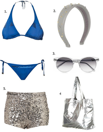 1. Купальник Calvin Klein Swimwear; 2. аксессуар для волос Miu Miu; 3. очки Prism; 4. сумка Topshop; 5. шорты Topshop