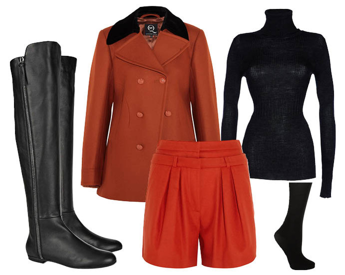 Выбор ELLE: шорты Paul & Joe, водолазка Pinko, пальто-бушлат Mcq by Alexander McQueen, колготки DIM