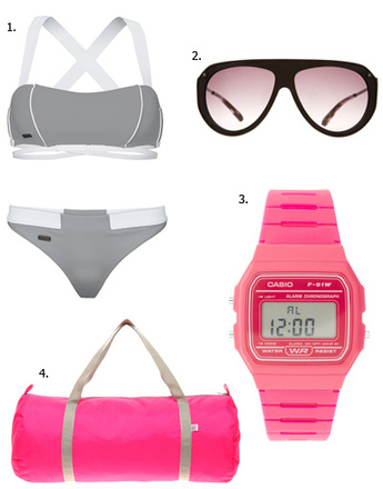 1. Купальник adidas; 2. очки Marc by Marc Jacobs; 3. часы Casio; 4. сумка American Apparel