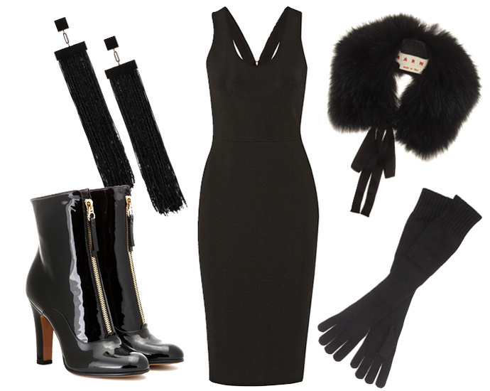 Выбор ELLE: серьги-шандельеры Tom Ford, сапоги Saint Laurent, горжетка Marni, перчатки Dolce&Gabbana