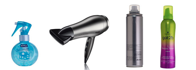 1. Спрей для быстрой укладки «Эффектный объем» от Nivea; 2. Фен Philips SalonDry Control имеет 6 температурно-скоростных режимов; 3. Лак для укладки от Davines защищает от вредного воздействия солнечных лучей; 4. Стайлинг-мусс Got2b от Schwarzkopf обеспечивает максимальную фиксацию и длительный эффект. 1. Спрей для быстрой укладки «Эффектный объем» от Nivea; 2. Фен Philips SalonDry Control имеет 6 температурно-скоростных режимов; 3. Лак для укладки от Davines защищает от вредного воздействия солнечных лучей; 4. Стайлинг-мусс Got2b от Schwarzkopf обеспечивает максимальную фиксацию и длительный эффект.