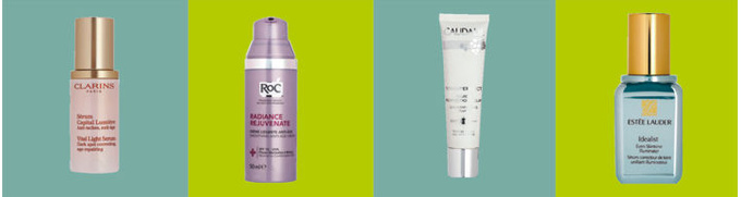 ДЛЯ ДНЕВНОГО УХОДА: антивозрастная сыворотка, придающая сияние коже, Vital Light Serum, CLARINS; антивозрастной крем, придающий сияние коже, Radiance Rejuvenate, ROC; флюид для сияния кожи Vinoperfect Fluid Perfection Eclat, CAUDALIE; сыворотка, выравнивающая тон кожи, Idealist Even Skintone Illuminator, ESTEE LAUDER.