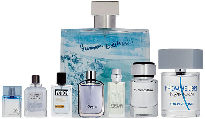 Chrome Summer Edition, Azzaro; ZenSun for Men, Shiseido; Gentlemen Only, Givenchy Potion Blue Cadet, Dsquared²; Z Zegna, Ermenegildo Zegna; 1881 Acqua Forte, Cerruti Mercedes-Benz; L’Homme Libre Cologne Tonic, Yves Saint Laurent
