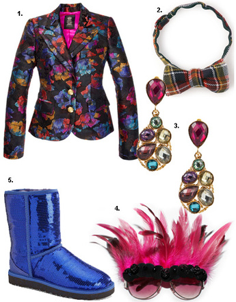 1. Жакет Juicy Couture; 2. бабочка Levi's; 3. серьги Kira Plastinina; 4. очки Lilia Fisher Design; 5. сапоги UGG® Australia