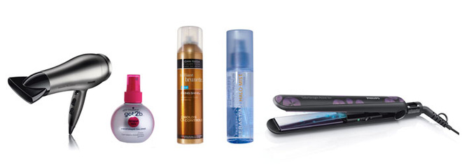 1. Фен Philips SalonDry Control имеет 6 температурно-скоростных режимов; 2. Фиксирующий гель-спрей Got2b от Schwarzkopf придает гламурный блеск и сияние; 3. Лак John Frieda Brilliant Brunette для окрашенных, колорированных и натуральных темных волос; 4. Cпрей-блеск с ультрафиолетовым фильтром Halo Mist от Sebastian Professional придает сияние и защищает волосы; 5. Выпрямитель для волос Philips HP4686 с турмалиновым покрытием керамических пластин защищает от перегрева даже самые тонкие локоны, обеспечивает равномерное выпрямление. 1. Фен Philips SalonDry Control имеет 6 температурно-скоростных режимов; 2. Фиксирующий гель-спрей Got2b от Schwarzkopf придает гламурный блеск и сияние; 3. Лак John Frieda Brilliant Brunette для окрашенных, колорированных и натуральных темных волос; 4. Cпрей-блеск с ультрафиолетовым фильтром Halo Mist от Sebastian Professional придает сияние и защищает волосы; 5. Выпрямитель для волос Philips HP4686 с турмалиновым покрытием керамических пластин защищает от перегрева даже самые тонкие локоны, обеспечивает равномерное выпрямление.