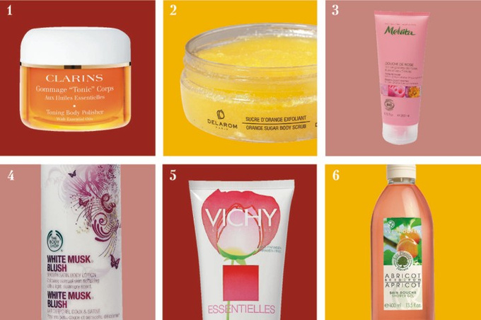 1. CLARINS Тонизирующий скраб для тела Toning Body Polisher. 2. DELAROM Ароматический сахарный скраб для тела Orange Sugar Body Scrub. 3. MELVITA Восстанавливающий гель для душа Rose Shower. 4. THE BODY SHOP Смягчающий лосьон для тела White Musk Blush. 5. ESSENTIELLES VICHY Увлажняющее молочко для тела Body Cream-Milk. 6. YVES ROCHER Гель для душа Panier Abricot, Plaisirs Nature.