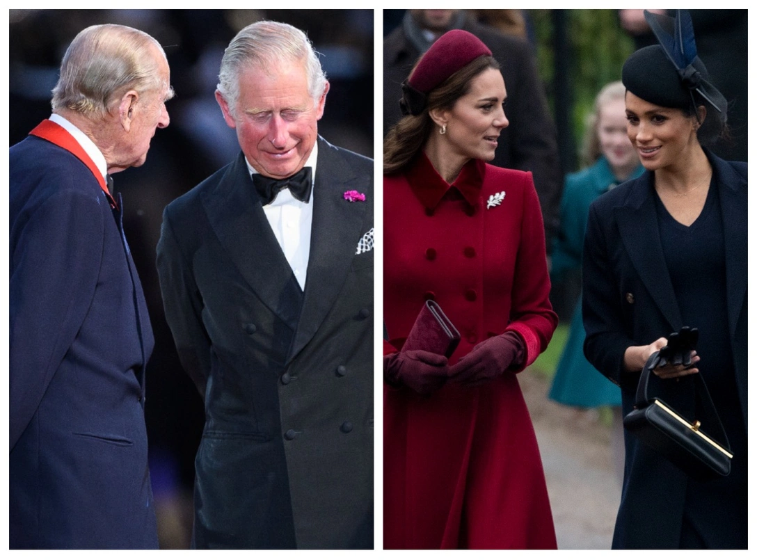 Принц Филипп и принц Чарльз, 15 мая 2016; герцогиня Кэтрин и герцогиня Меган, 25 декабря 2018 | marieclaire.ru