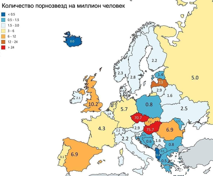 Карта: количество порнозвезд на миллион человек в странах Европы и в России