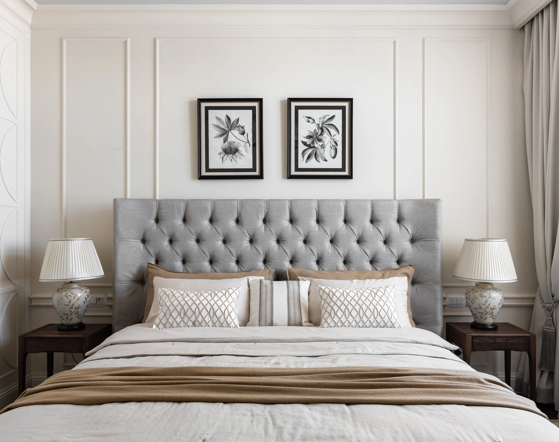 Спальня. Кровать, Danton Home. Прикроватные тумбы, Zara Home. Встроенный шкаф сделан на заказ компанией Corian Club. Ковер, kover.ru. | Источник: Лиза Гуровская. Стиль: Анна Крутолевич