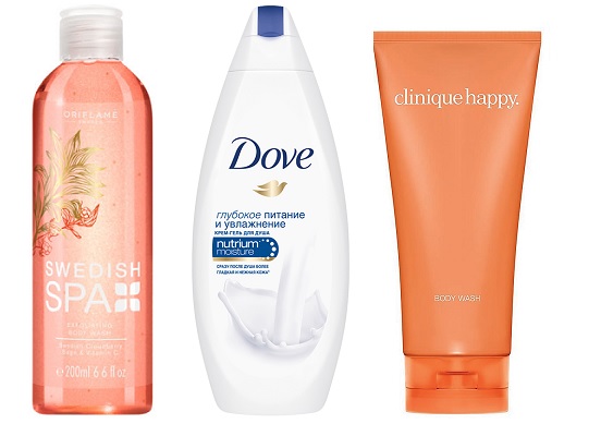 Oriflame Тонизирующий отшелушивающий гель для душа «Шведский SPA салон», Dove Крем-гель «Глубокое питание и увлажнение», Clinique Гель для душа Happy | Источник: Архив пресс-служб