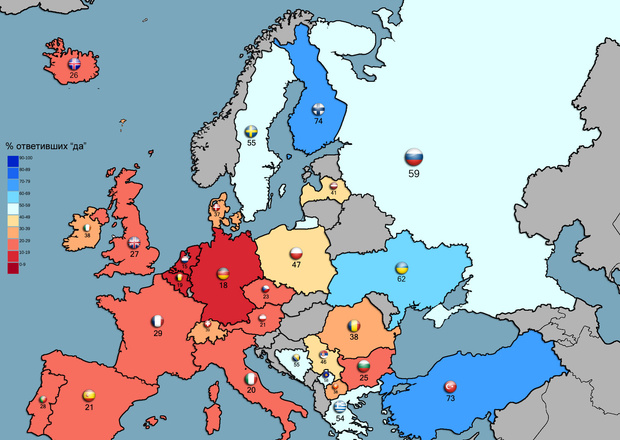 Фото №1 - Карта: Какой процент жителей европейских стран готов сражаться за родину