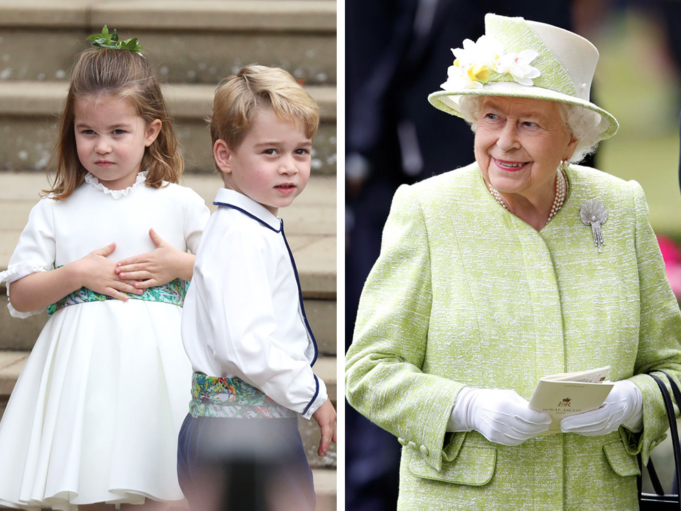 Принцесса Шарлотта и принц Джордж на свадьбе принцессы Евгении, октябрь 2018; королева Елизавета II на скачках в Аскоте, июнь 2019 | marieclaire.ru