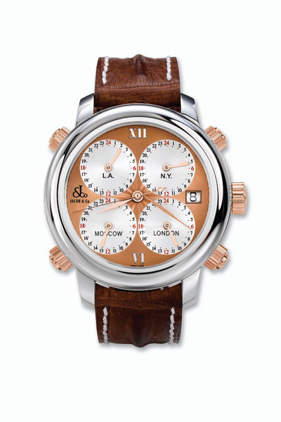 «Часы Jacob & Co. H24 Five Time Zone Timepiece — для тех, кто живет между Москвой, Лондоном, Нью-Йорком и Лос-Анджелесом: не надо переводить время».