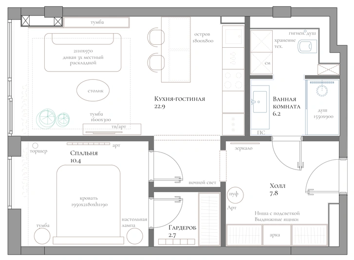 Светлая квартира 50 м² в Москве