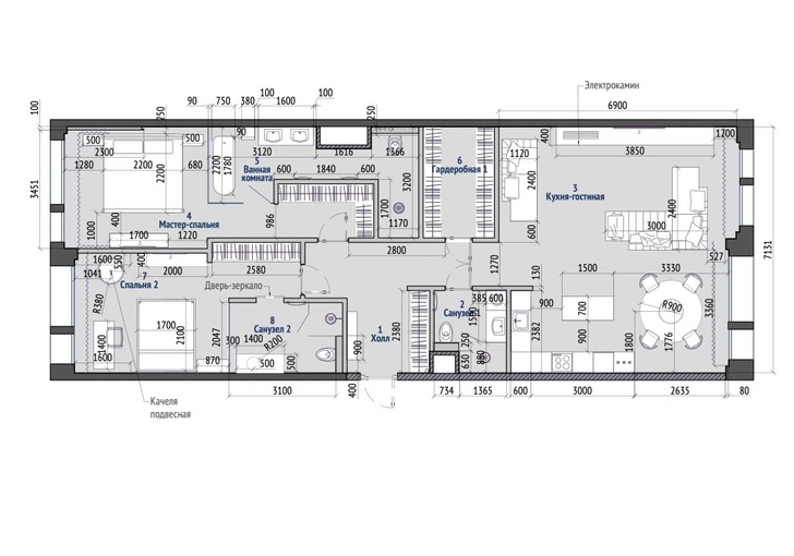 Минималистская квартира 132 м² с ванной за стеклом