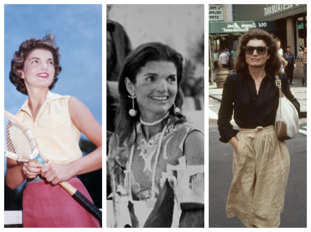 Жаклин Бувье за игрой в теннис, 27 июня 1953; Жаклин Онассис в клубе в Афинах, август 1969; Джеки покидает кинотеатр в Нью-Йорке, 21 июля 1981 | marieclaire.ru
