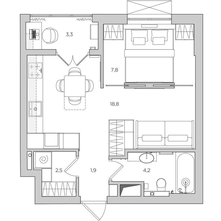 Функциональный интерьер типовой «однушки» 38 м²