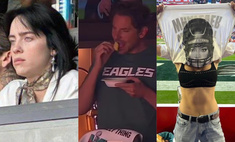 Айлиш сидела с недовольным лицом, Купер ел чипсы, Делевинь задирала футболку: как звезды ждали Рианну на Super Bowl 2023