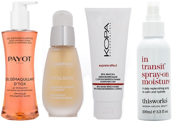 Payot Очищающий гель с экстрактом грейпфрута Gel Demaquillant D’Tox,Darphin Энергетическая сыворотка против усталости Vitalskin,КОРА SРА-маска обновляющая с органоминеральным комплексом,Увлажняющий спрей This Works In Transit | Источник: Архив пресс-служб