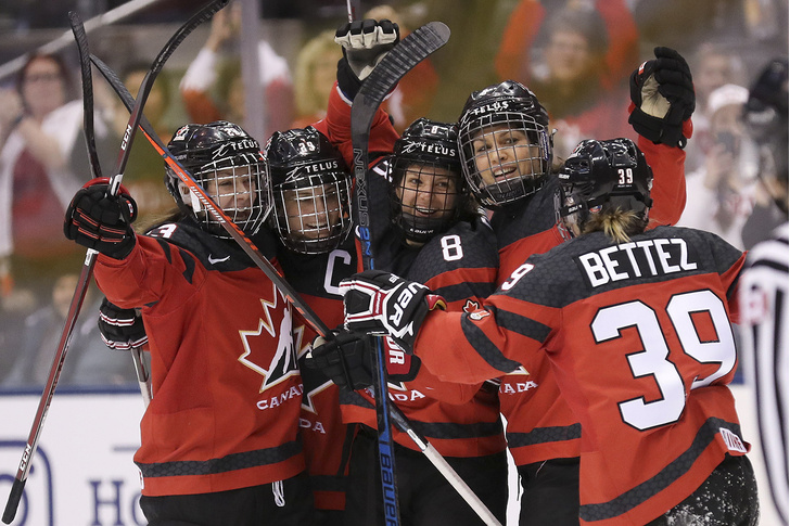 February 14 In first period action, Canadas Laura Fortino (8) celebrates her goal with team mates. The Canadian and USA women's hockey teams compete in their 2nd of 3 games mini-tournament at the Scotiabank Arena in Toronto. February 14, 2019