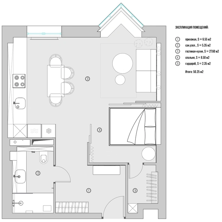 Черно-белая квартира 50 м² со спальней-трансформером в Санкт-Петербурге