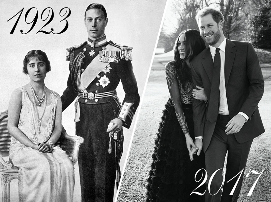 Разница в 94 года. Принц Альберт со своей невестой Елизаветой Боуз-Лайон и его правнук принц Гарри со своей невестой Меган Маркл | marieclaire.ru