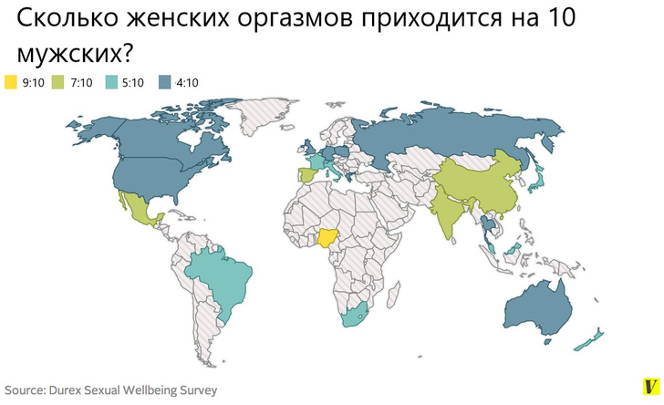 Карта: Сколько женских оргазмов приходится на 10 мужских в разных странах мира?