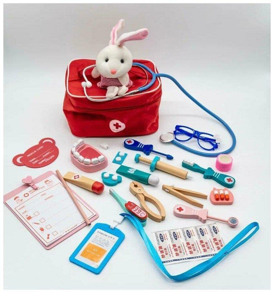 Развивающий сюжетно-ролевой набор доктора стоматолога с мягкой игрушкой в сумочке / Деревянный набор доктора стоматолога в сумочке с мягкой игрушкой