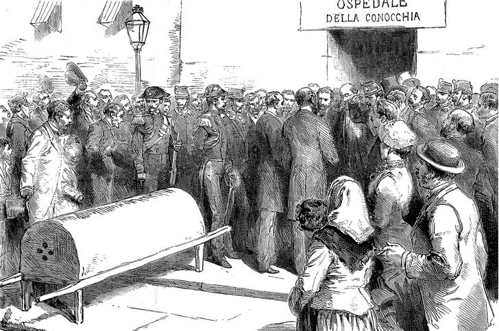 Эпидемия холеры в Неаполе. Министры посещают больницу. Гравюра на дереве, опубликованная в Париже, 1884 г.