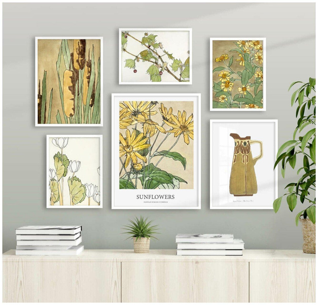 6 постеров без рамки «Цветы, растения и кувшин акварелью», 28Kartin