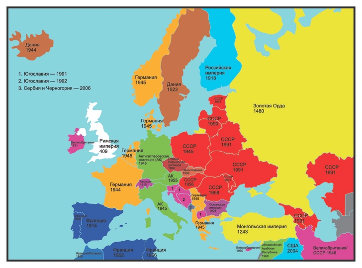 Карта: До какого года государства в Европе были частью другого государства