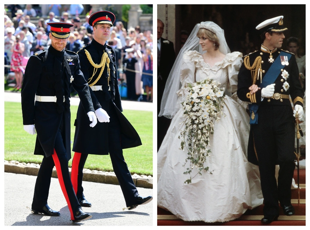 Принц Уильям на свадьбе принца Гарри, 19 мая 2018; принц и принцесса Уэльские в день своей свадьбы, 29 июля 1981 | marieclaire.ru