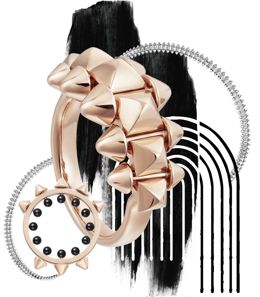 Кольцо, розовое золото и оникс, кольцо, розовое золото, и колье, белое золото, все — коллекция Clash de Cartier. | Источник: ELLE DECORATION №53