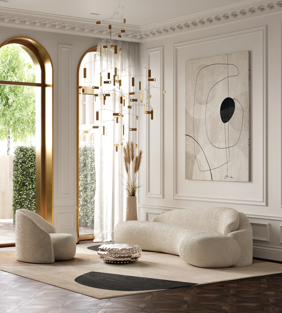 Диван MRS, кресло Hoof, все — Roman Plyus. Ковер, Layered Interiors. Мобильная скульптура Christel Sadde. Картина, Desenio. Апарт-комплекс Caméo Moscow Villas. | mcmaison.ru