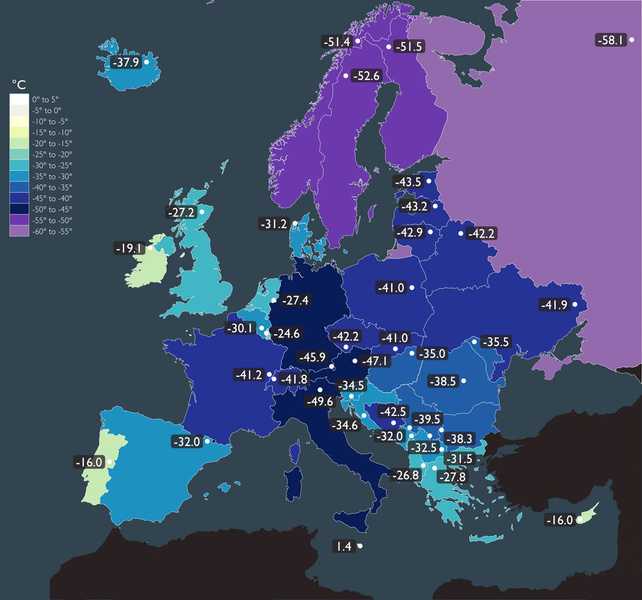 Карта: самые низкие температуры в Европе