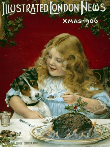 Обложка Illustrated London News с девочкой, кормящей рождественским пудингом собаку, 1906