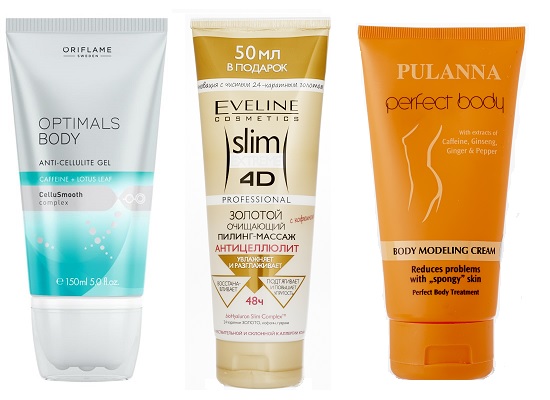 Слева направо: Антицеллюлитный гель Optimals body, Oriflame. Золотой очищающий пиллинг-антицеллюлит, Eveline. Моделирующий антцеллюлитный крем Perfect Body, Pulanna. | Источник: Архив пресс-служб