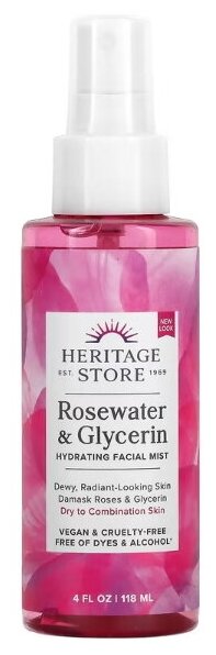 Heritage Store, розовая вода и глицерин, увлажняющий спрей для лица