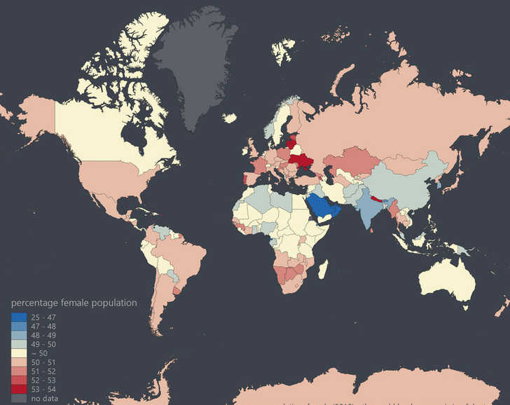 Карта: число женщин в странах мира