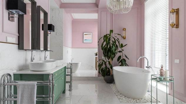 Розовый цвет в ванной комнате: 35 примеров