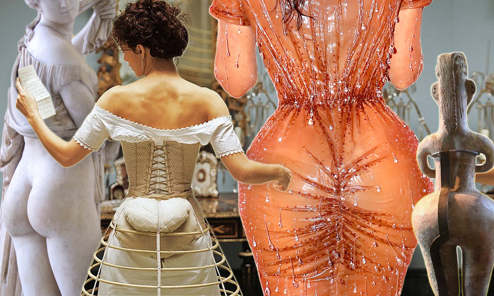 Толстое женское тело с целлюлитом, полные бедра и ягодицы на сером фоне, вид сзади